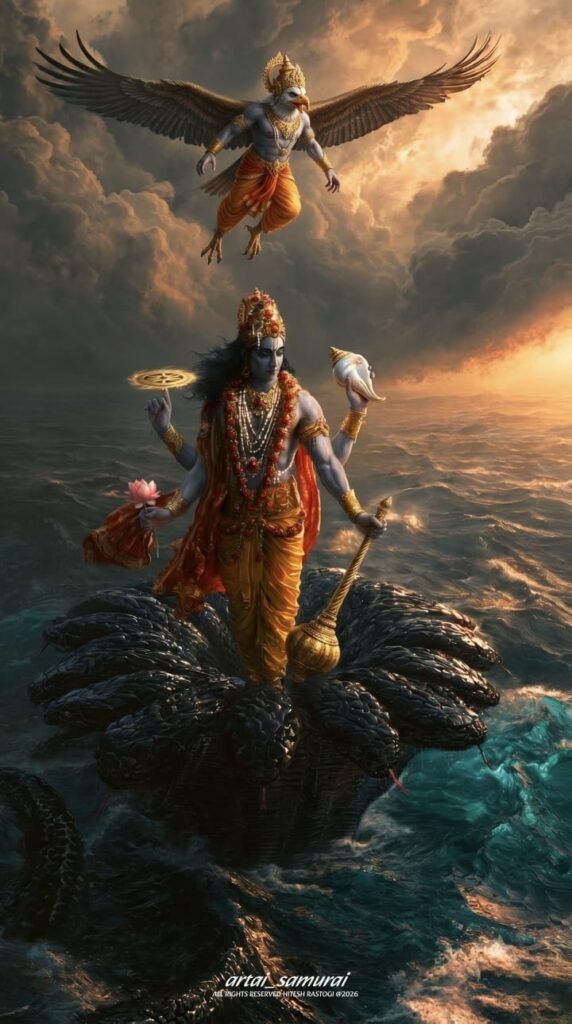 Lord Vishnu Standing on Sheshnag with Garuda – Hyper Realistic AI Art Prompt (4K & 8K)