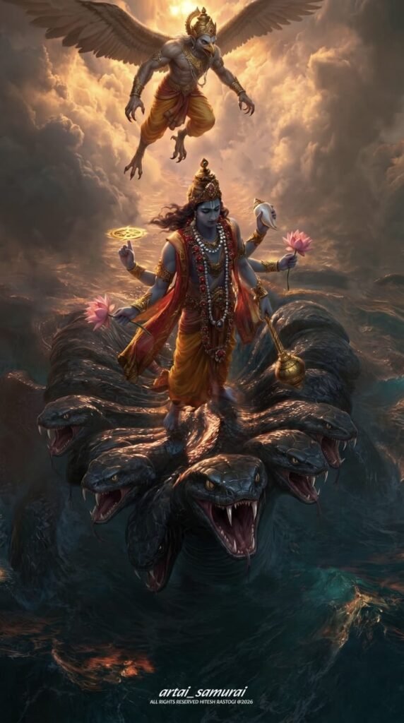 Lord Vishnu Standing on Sheshnag with Garuda – Hyper Realistic AI Art Prompt (4K & 8K)