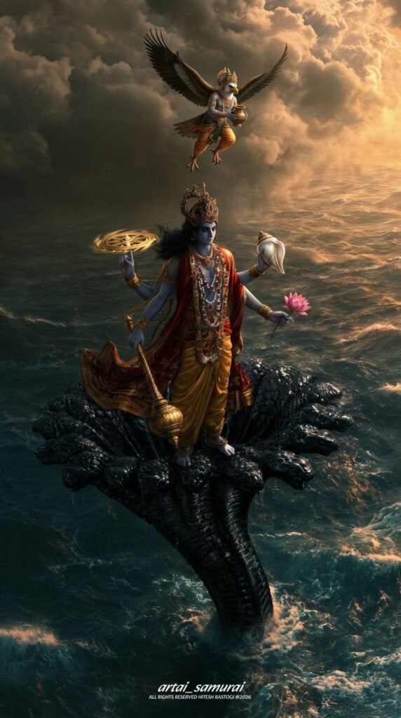Lord Vishnu Standing on Sheshnag with Garuda – Hyper Realistic AI Art Prompt (4K & 8K)