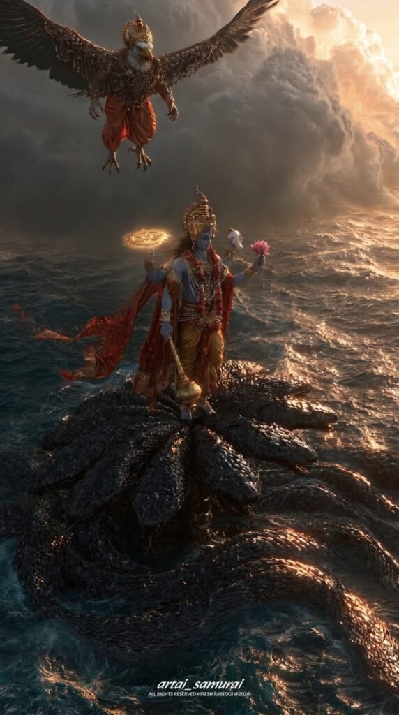 Lord Vishnu Standing on Sheshnag with Garuda – Hyper Realistic AI Art Prompt (4K & 8K)