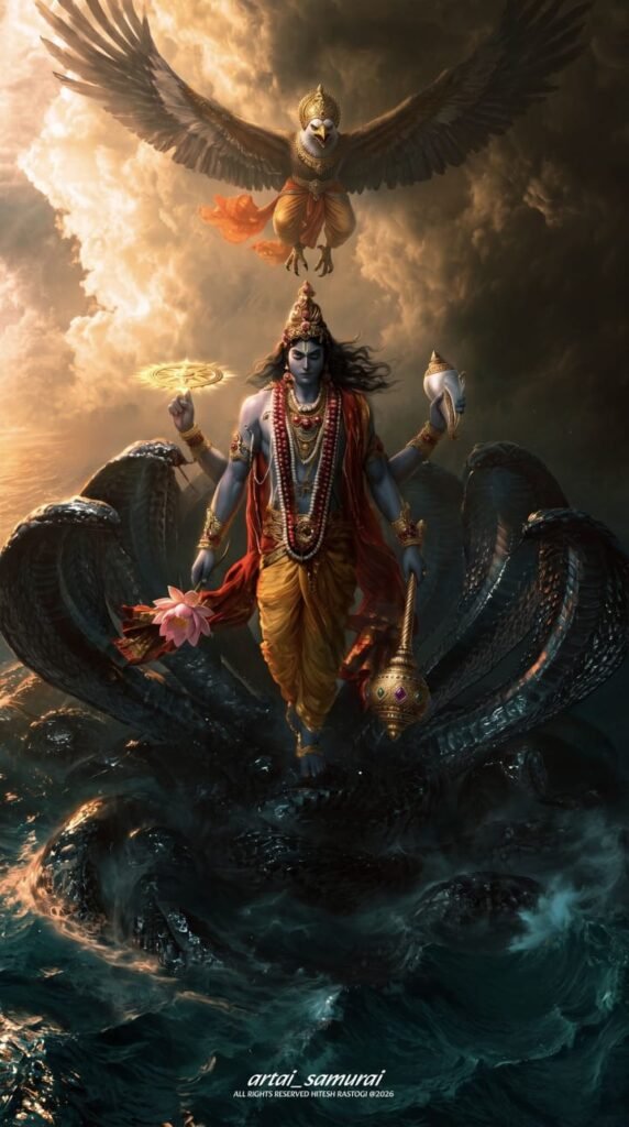 Lord Vishnu Standing on Sheshnag with Garuda – Hyper Realistic AI Art Prompt (4K & 8K)