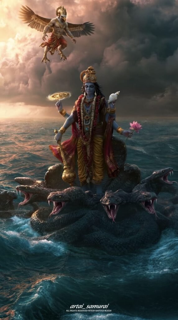 Lord Vishnu Standing on Sheshnag with Garuda – Hyper Realistic AI Art Prompt (4K & 8K)