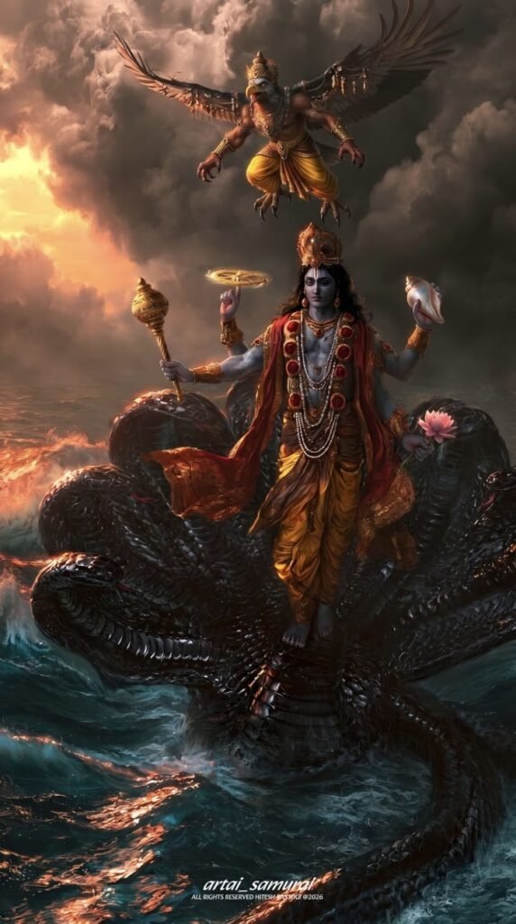 Lord Vishnu Standing on Sheshnag with Garuda – Hyper Realistic AI Art Prompt (4K & 8K)